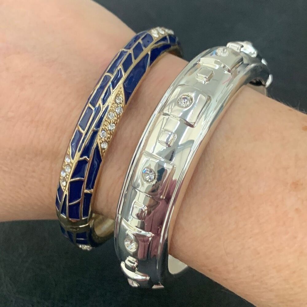 Sequin NYC Bangle Pair – Hinged Navy Enamel + Crystal – Gold & Silver Duo